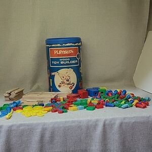 PLAYSKOOL Milton Bradley Vintage Wood Toy Builder Set Retro Kids